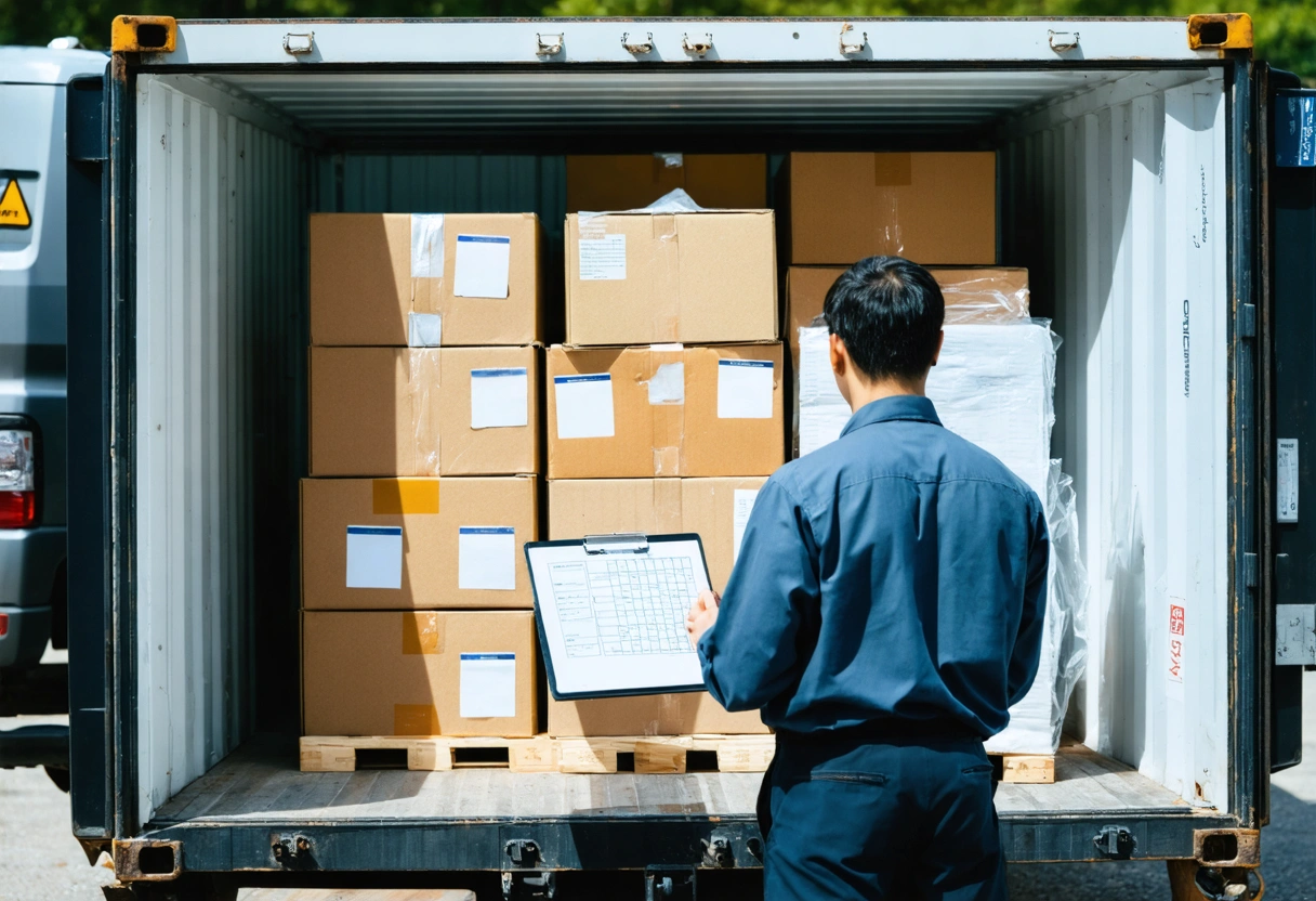 Person inspecting organized storage container with labeled boxes and clipboard