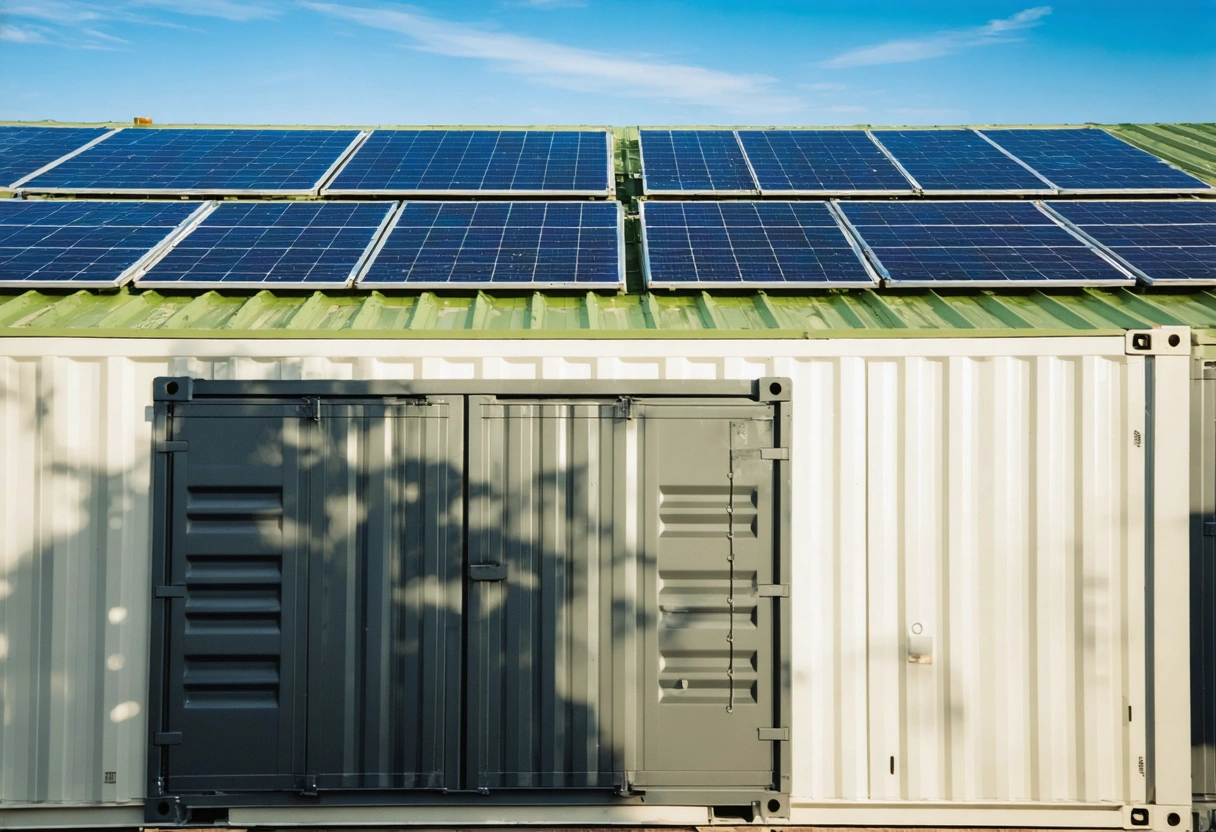 Eco-friendly storage container with solar panels, surrounded by greenery