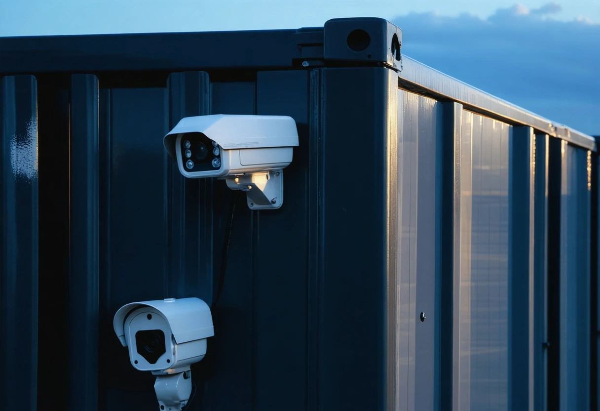 Security camera on storage container in evening light, highlighting security features