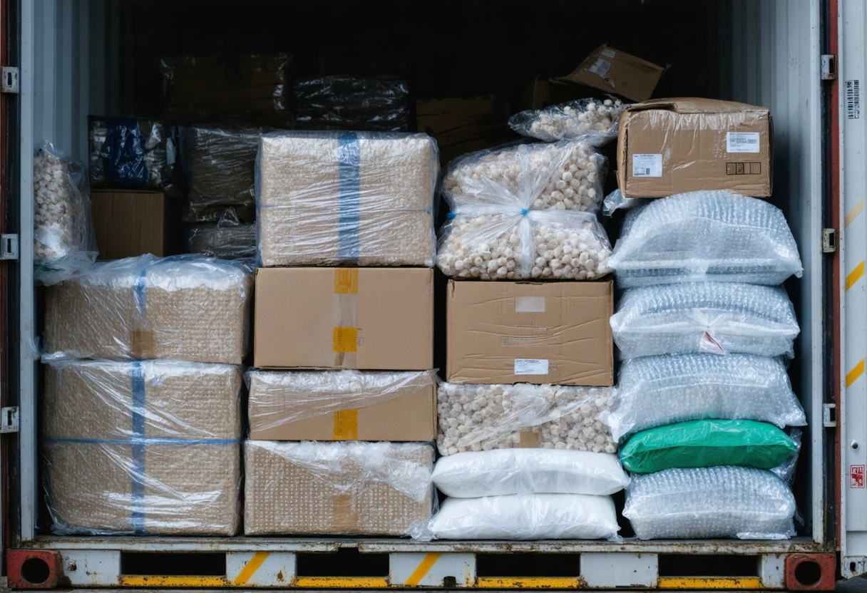 Fragile items in bubble wrap with packing peanuts in storage container