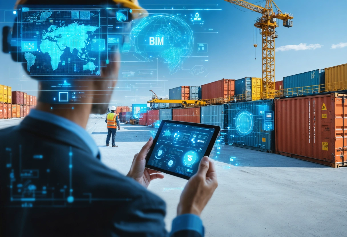 Futuristic site with BIM, IoT, and digital screens, workers using tablets