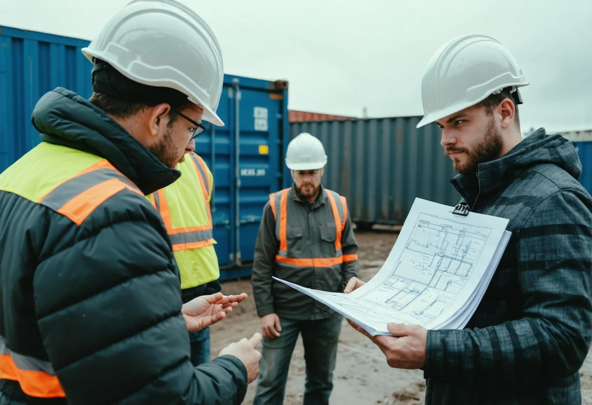 Workers load equipment into secure container, teamwork and organization evident