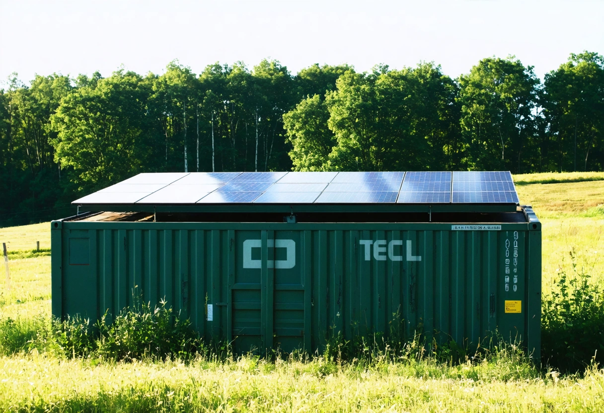Eco-friendly storage containers with solar panels on top, set in a green, open field. Sunny
