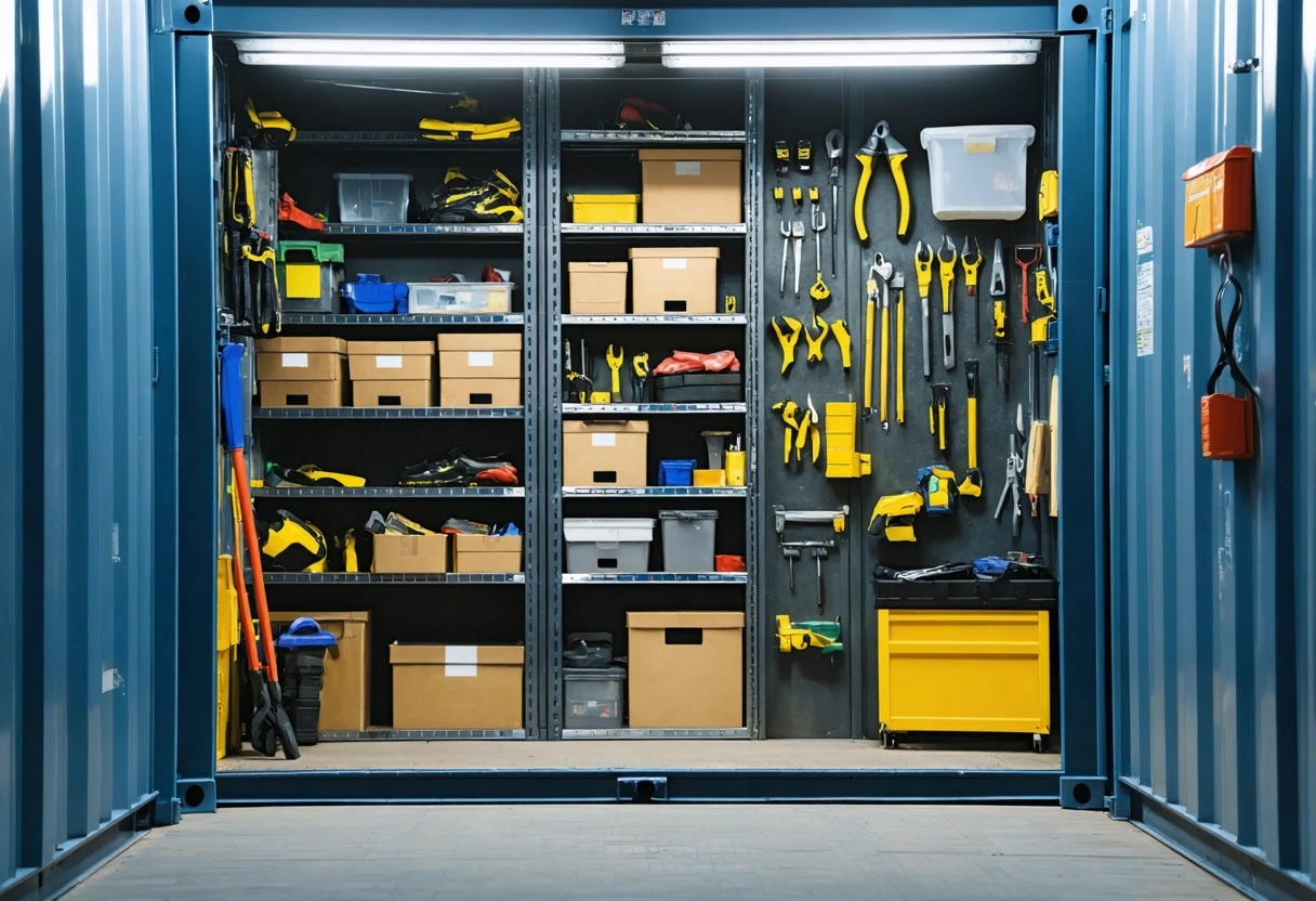 Small storage container with vertical shelving and tools neatly arranged