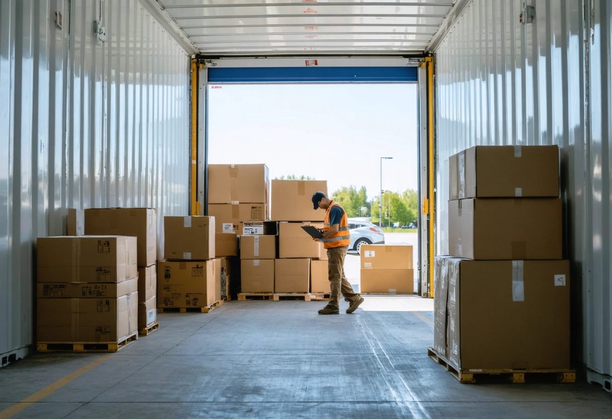 Person with clipboard planning storage container packing layout in daylight