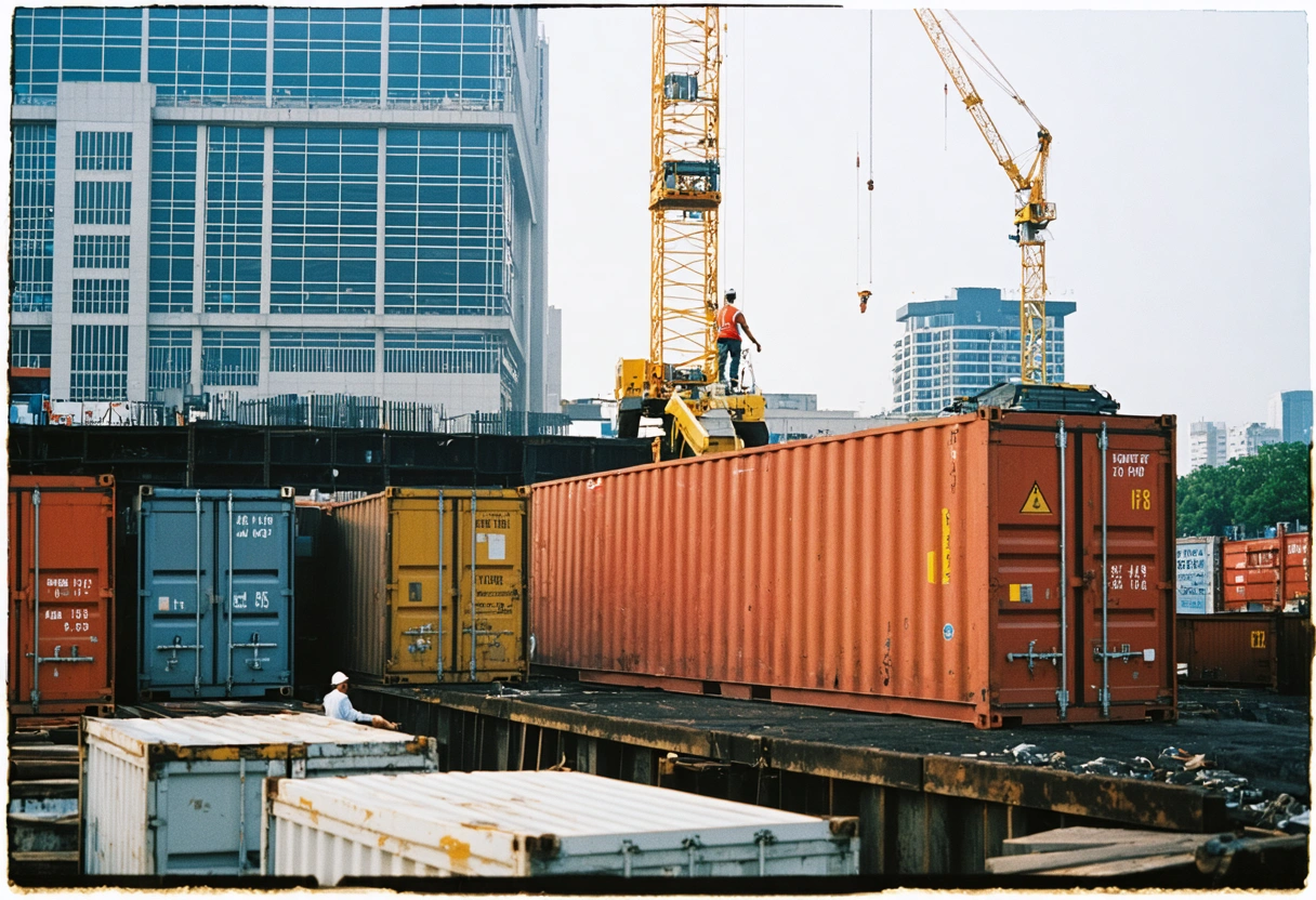 Urban site with strategically placed storage containers, efficient tool management