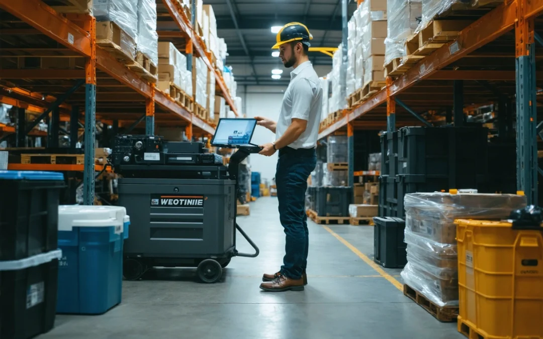 Business owner evaluating storage options in a warehouse filled with machinery and electronics.