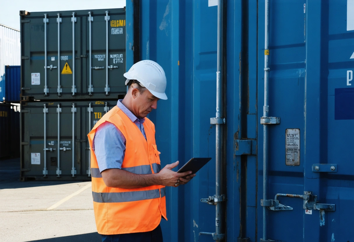 A business owner standing next to an on-site storage container, checking inventory on a tablet.