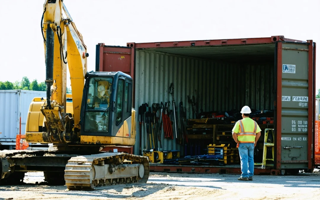 Construction site with workers using an organized on-site storage container in bright daylight.