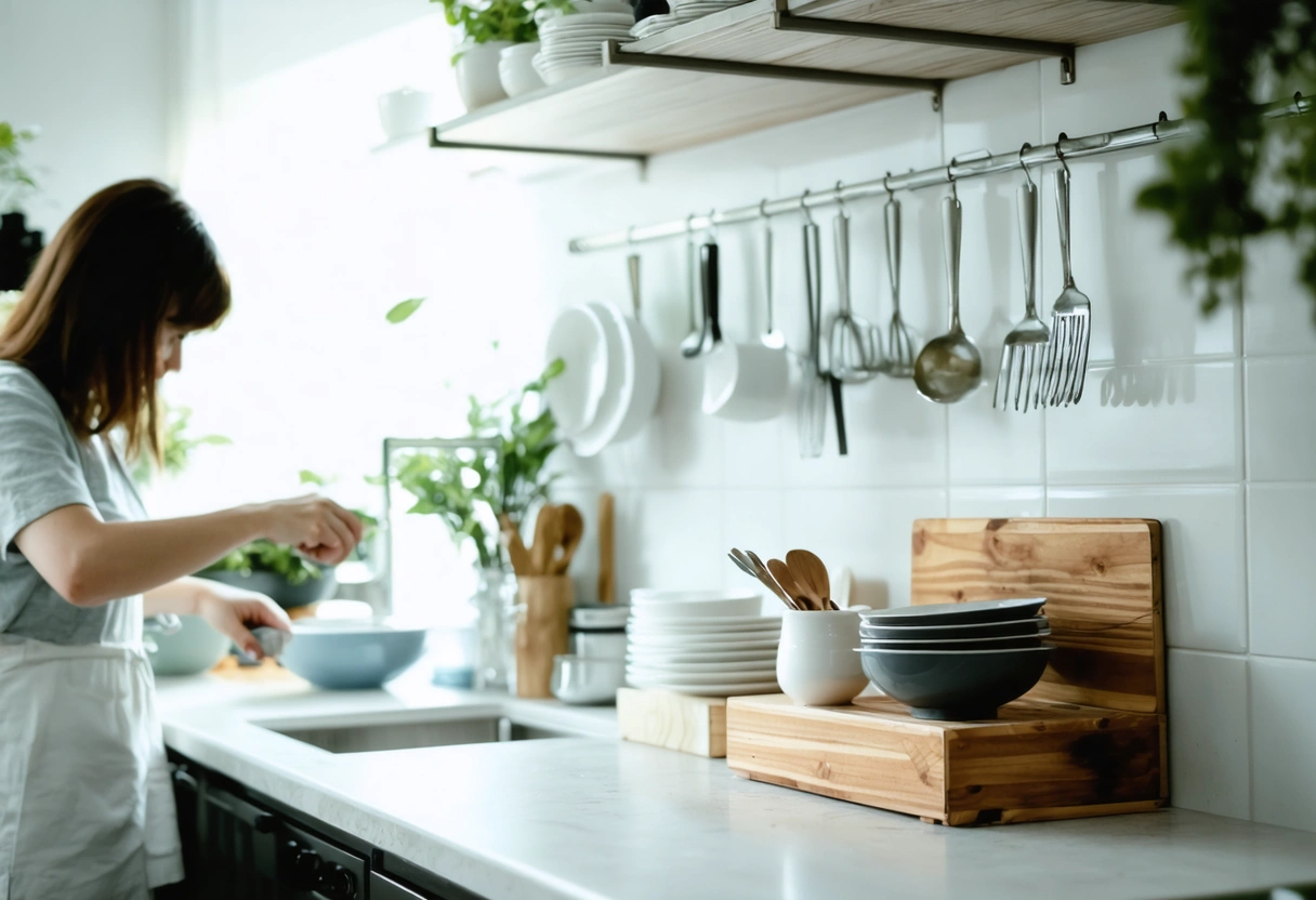 Clean kitchen, person putting dishes away in decluttered environment.