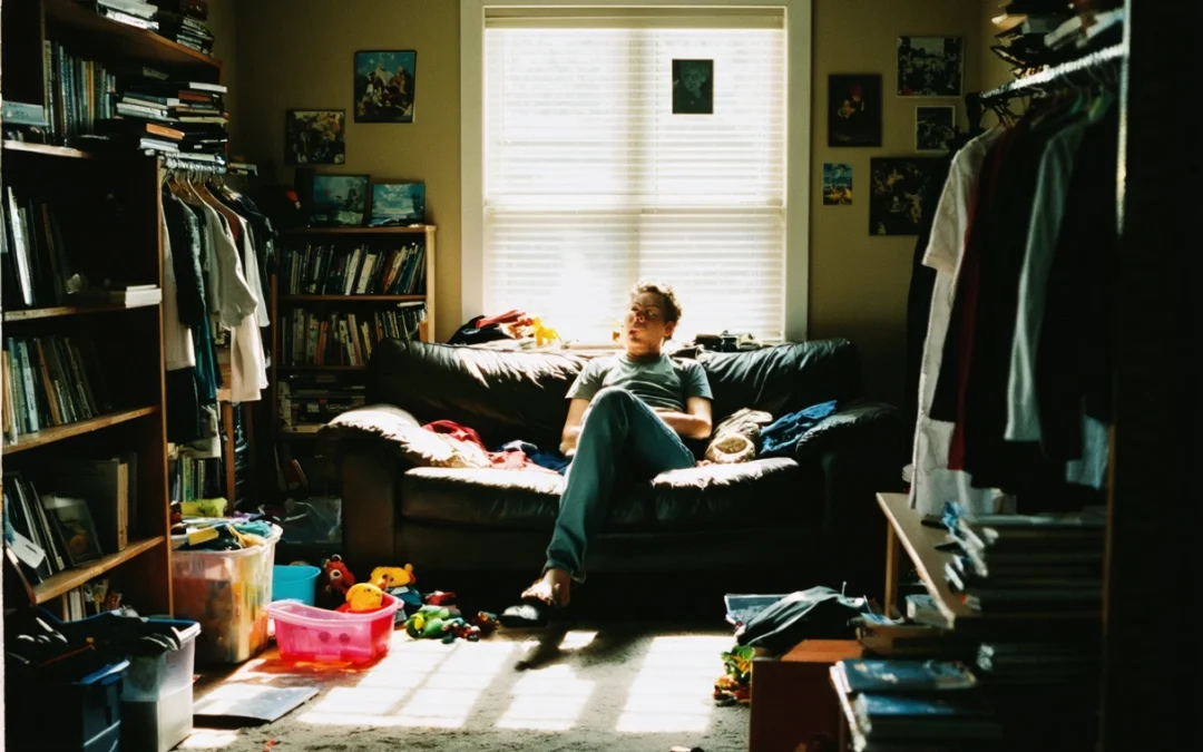 Cluttered living room with scattered items and stressed person, highlighting need for decluttering solutions.