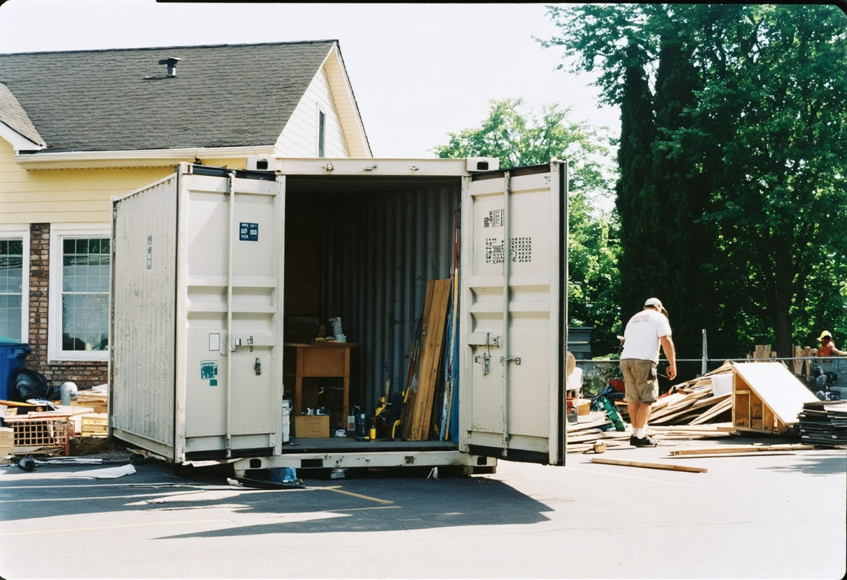 Construction site with storage container, workers renovating house nearby.