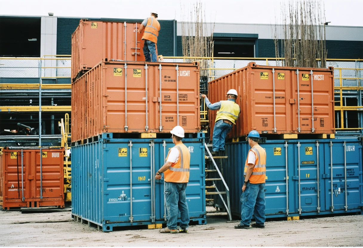 A construction site with stackable storage containers, workers accessing tools efficiently, illustrating practical use in