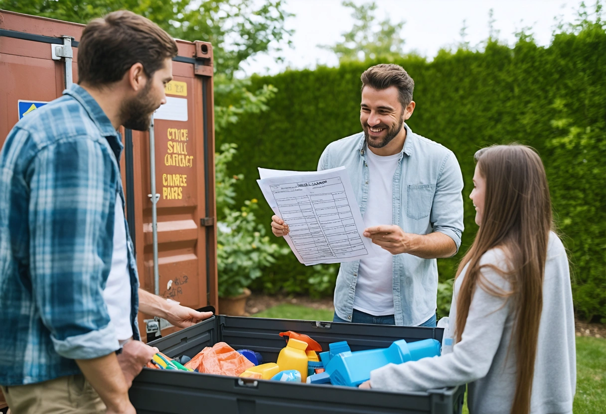 A family discussing storage plans next to a container, with a checklist in hand. The