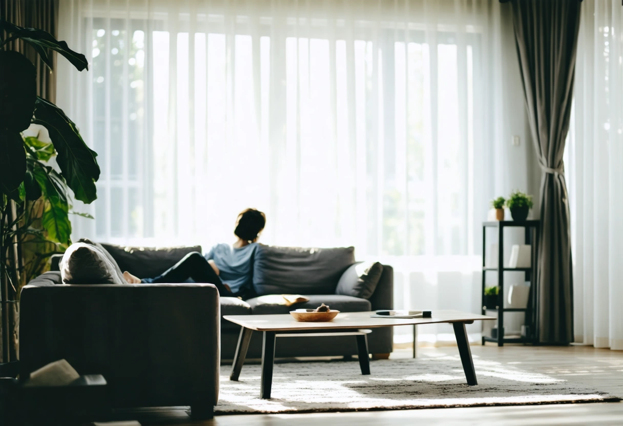 Minimalist living room, person relaxing on sofa in clutter-free space.