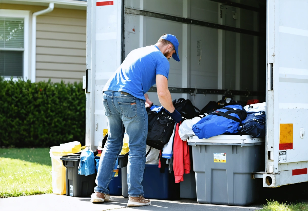 A person packing summer sports gear into a storage container. The setting is a suburban
