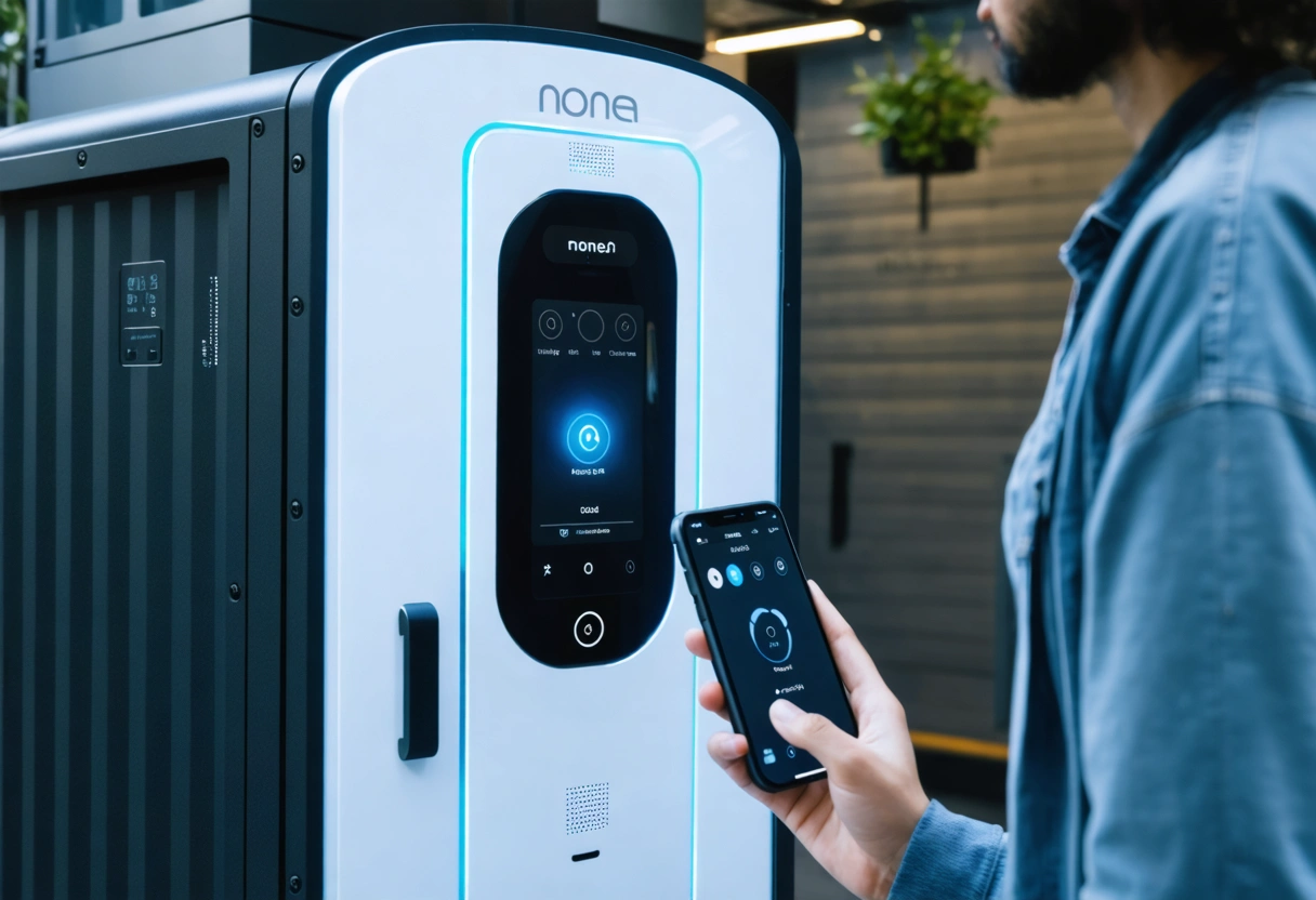 A smart storage container with digital locks and a person using a smartphone app to