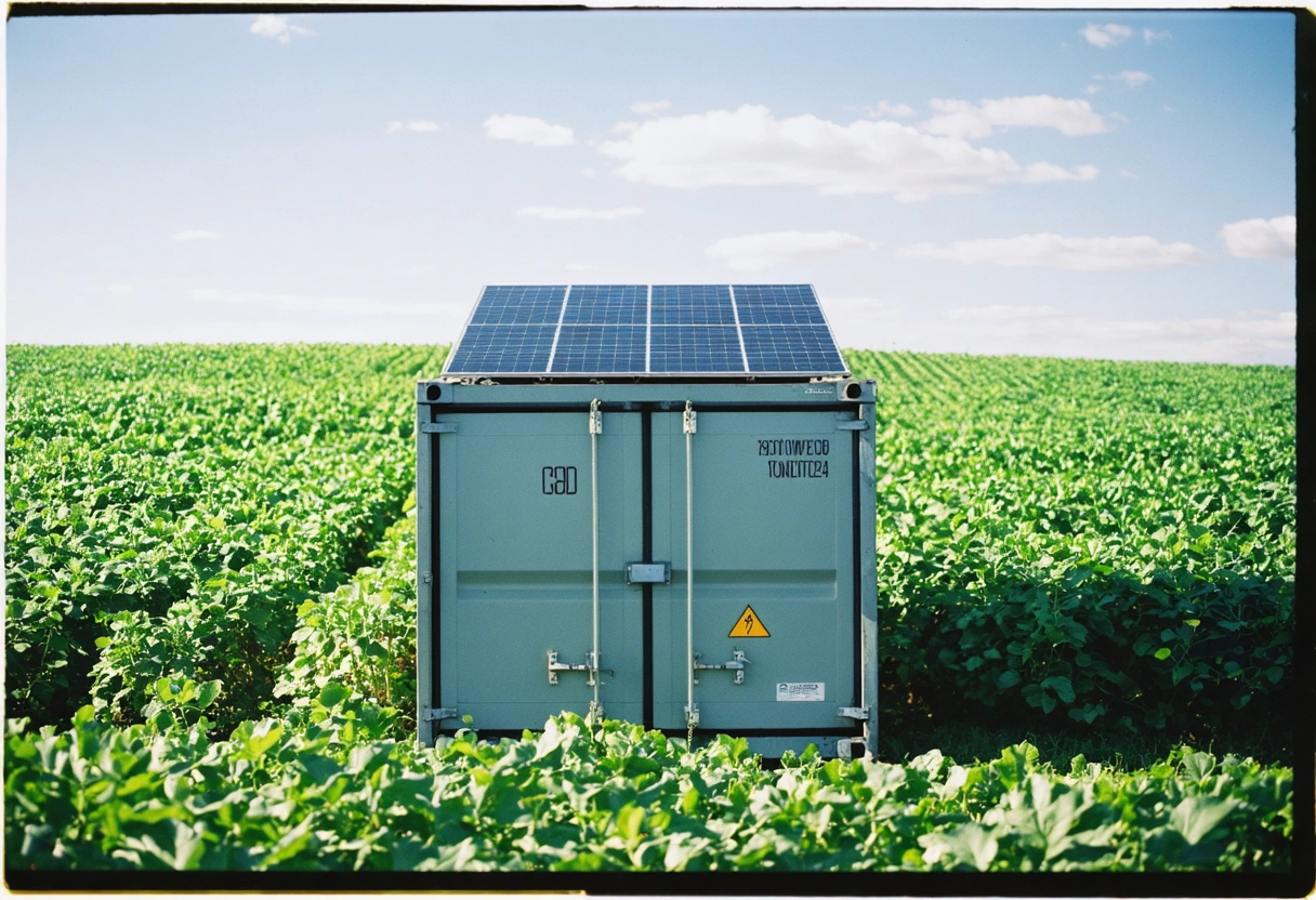 A solar-powered storage container in a lush green field, with solar panels visible. The setting