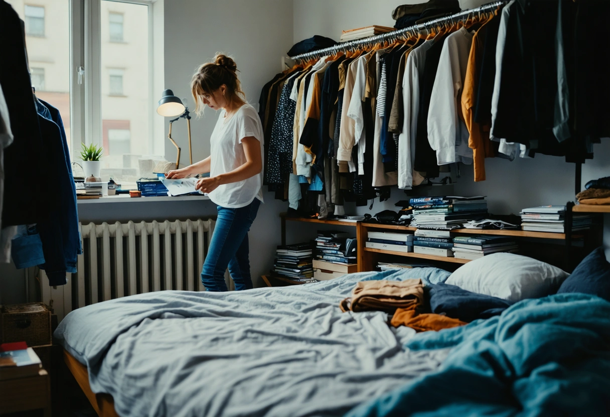 Tidy bedroom, person sorting items into keep, donate, store piles.