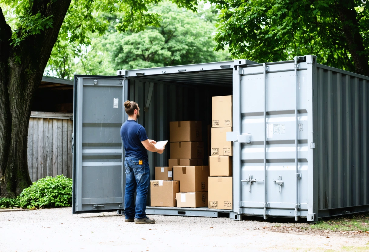 Open storage container in backyard, person organizing boxes inside.
