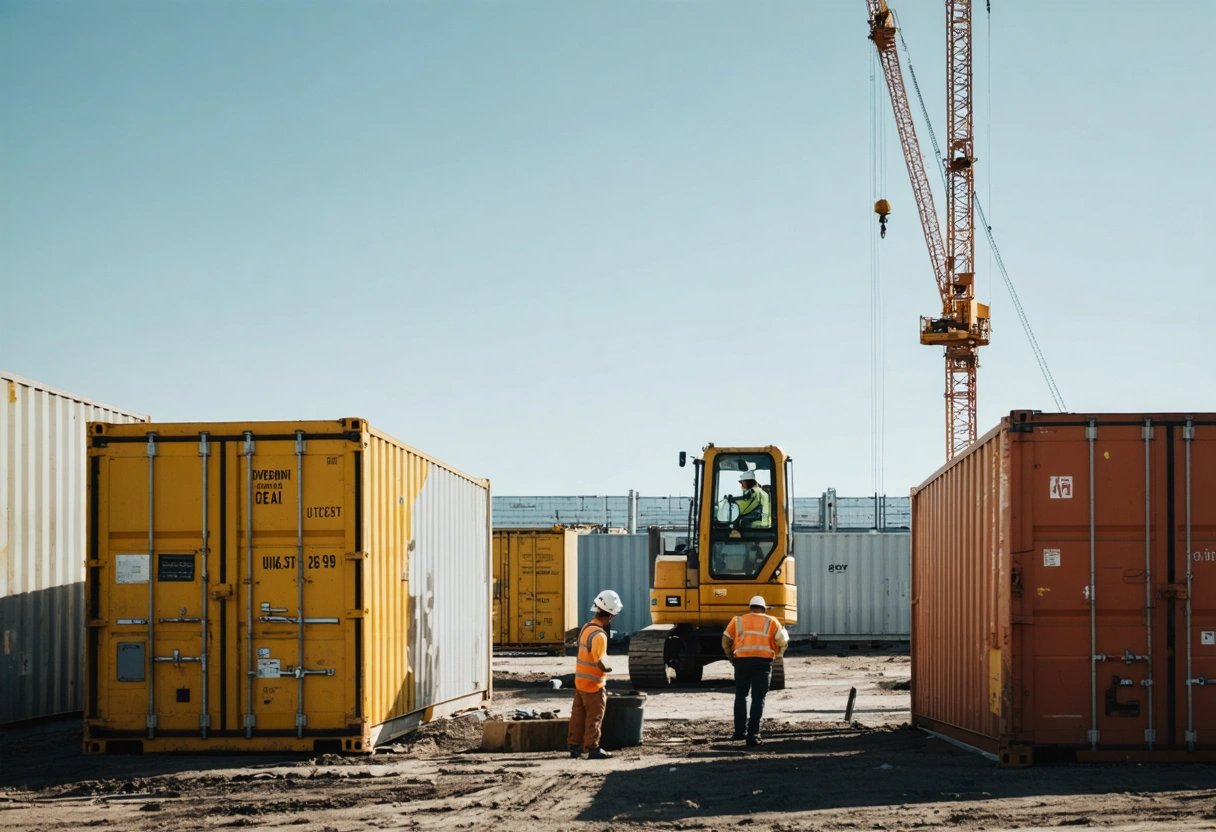 Construction site with limited space, strategically placed on-site storage containers. Workers planning optimal layout. Clear