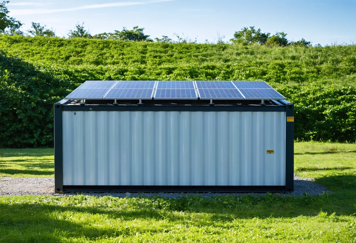 Eco-friendly storage container with solar panels, placed in a green environment, a business owner considering