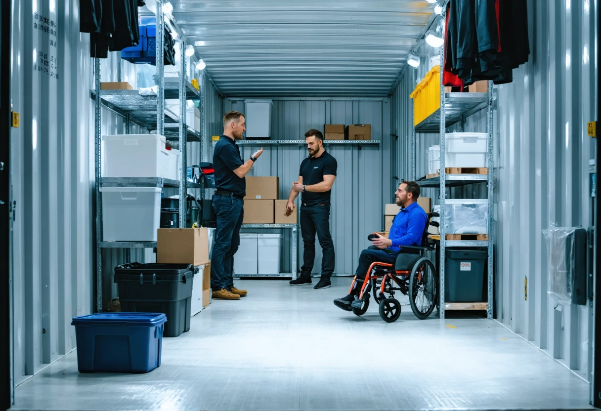 Interior of a customized storage container with shelves and lighting, a business owner discussing options