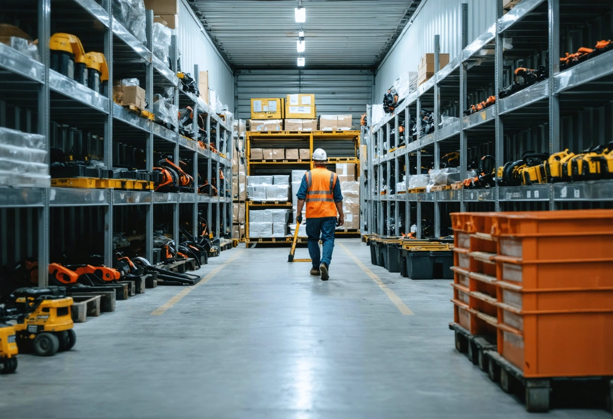 Interior of an on-site storage container with shelves and racks filled with construction tools and