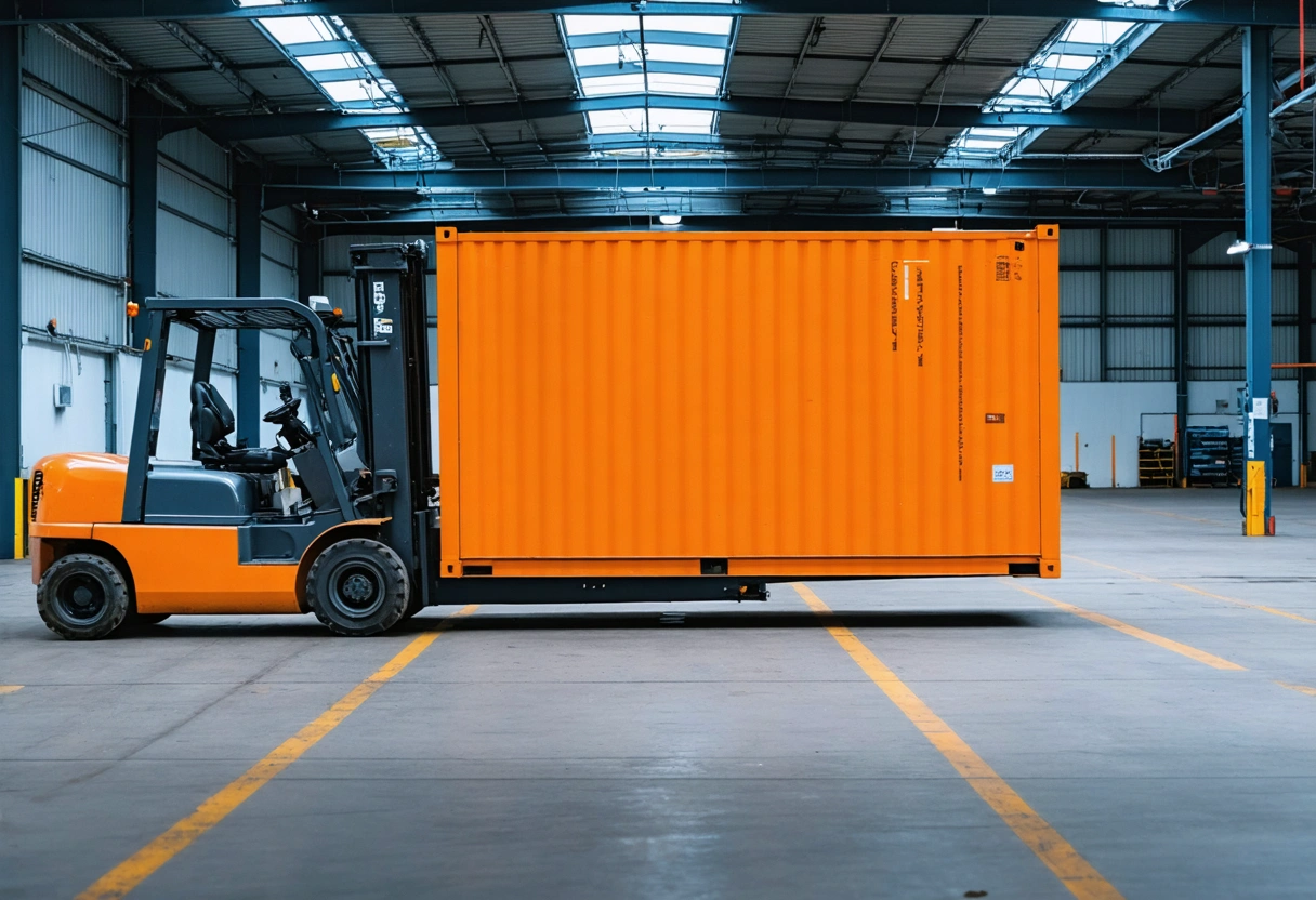 Mobile storage container with wheels being relocated by a forklift in a dynamic work environment,