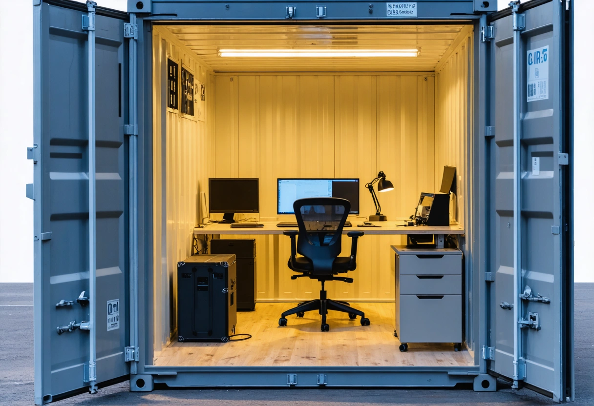 On-site storage container converted into a temporary office with desks, chairs, and electronics. Project managers