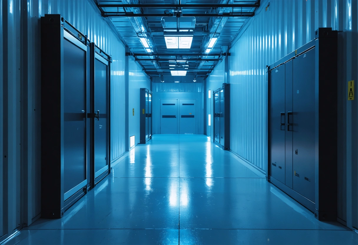 Interior of high-tech storage with RFID tracking and IoT sensors, well-lit.