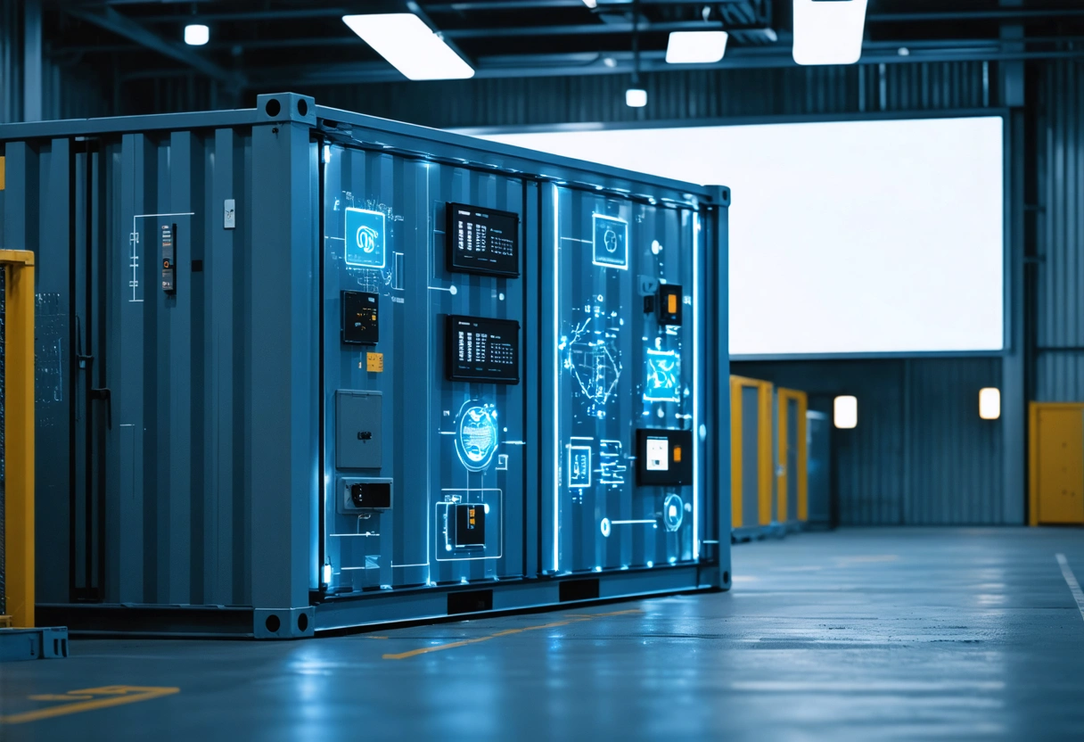 A high-tech storage container with sensors and IoT devices, set in an industrial area. The