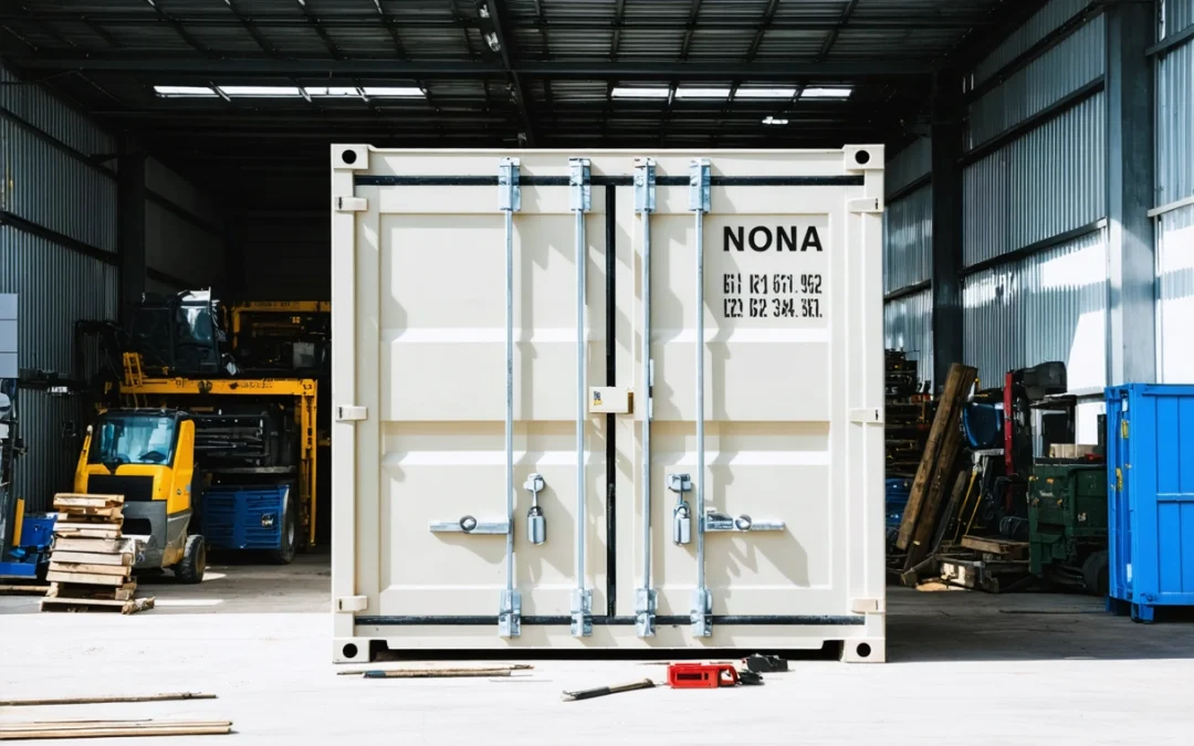 Secure on-site storage container with padlock at a construction site under bright daylight.