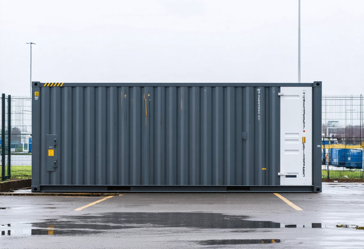 Exterior of fire-resistant storage container with flood protection, overcast day.