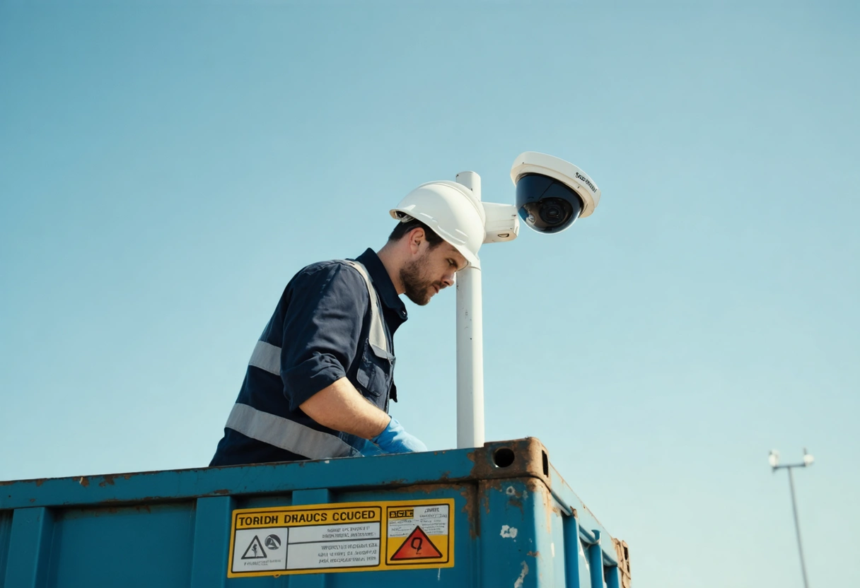 Technician inspecting surveillance camera on storage container outdoors