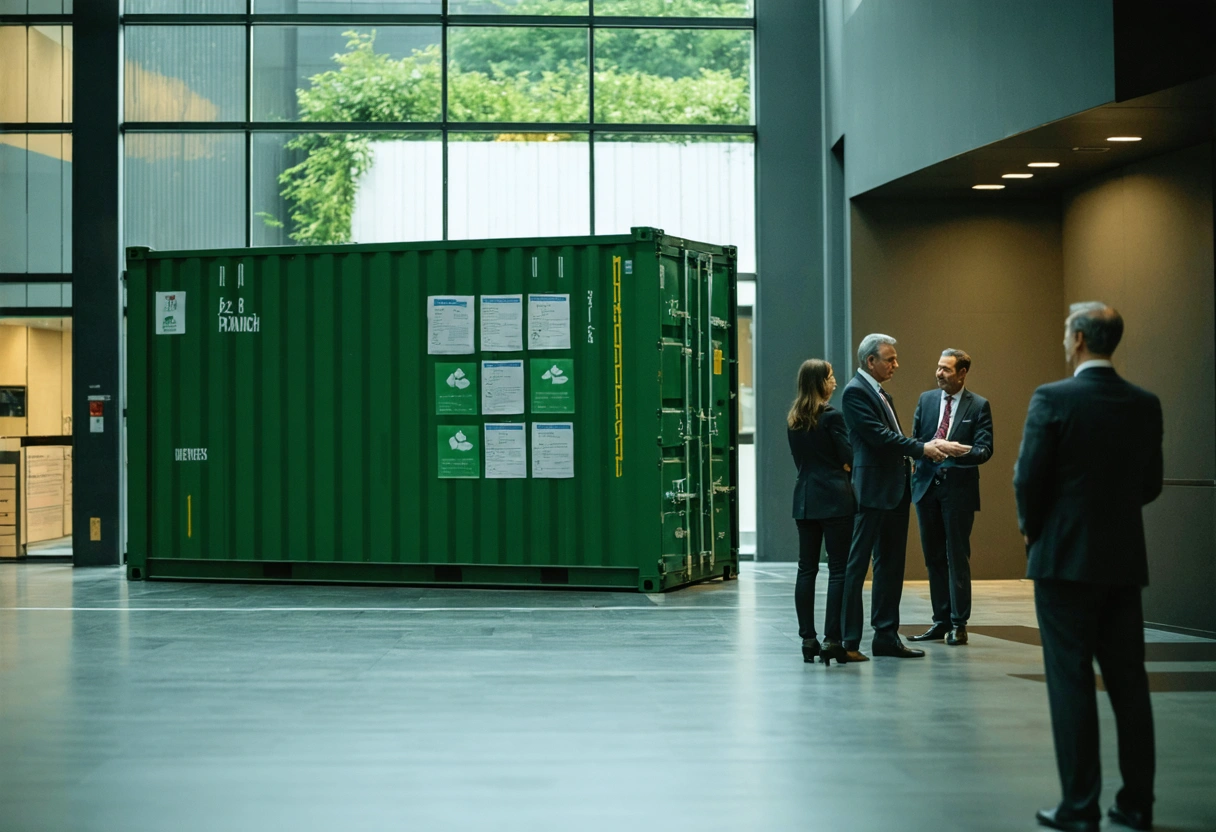 A storage container in a government office setting, with policy documents and eco-friendly certifications. Officials