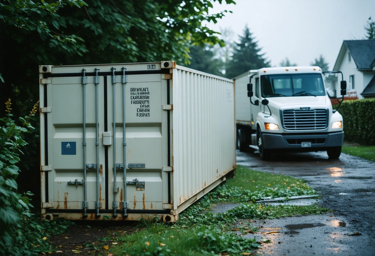 A storage container placed on a residential property, illustrating reduced carbon footprint. A delivery truck