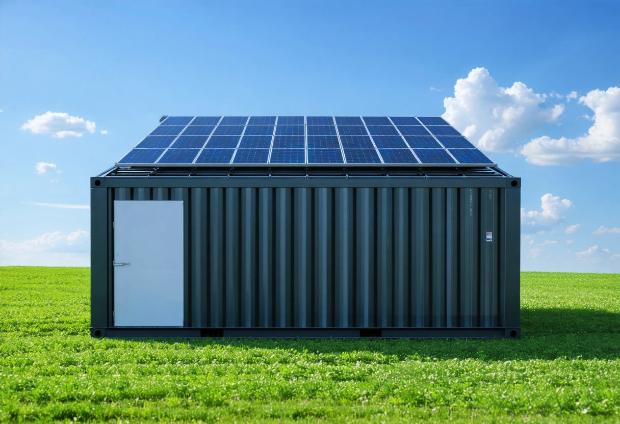 A storage container with solar panels on the roof, set in a sunny landscape. Insulated