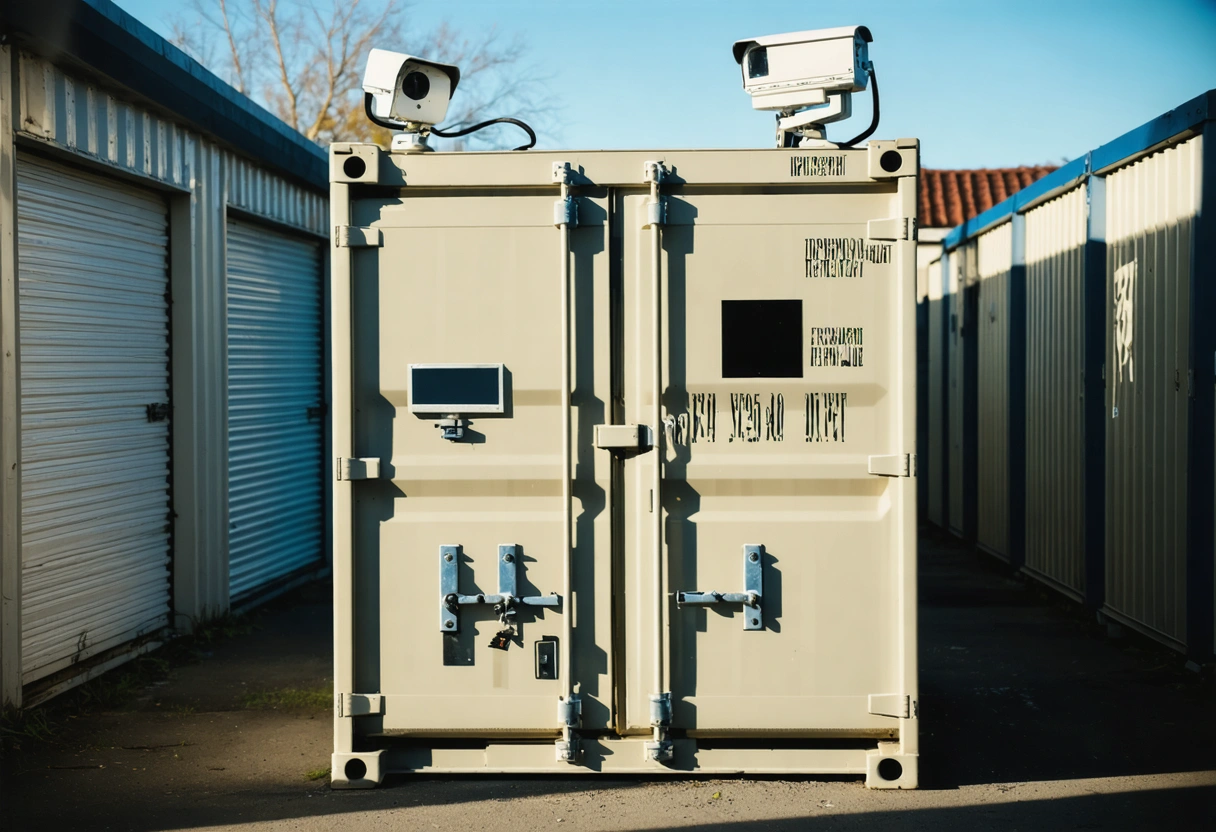 Secured storage container with locks, cameras, and sensors in neighborhood