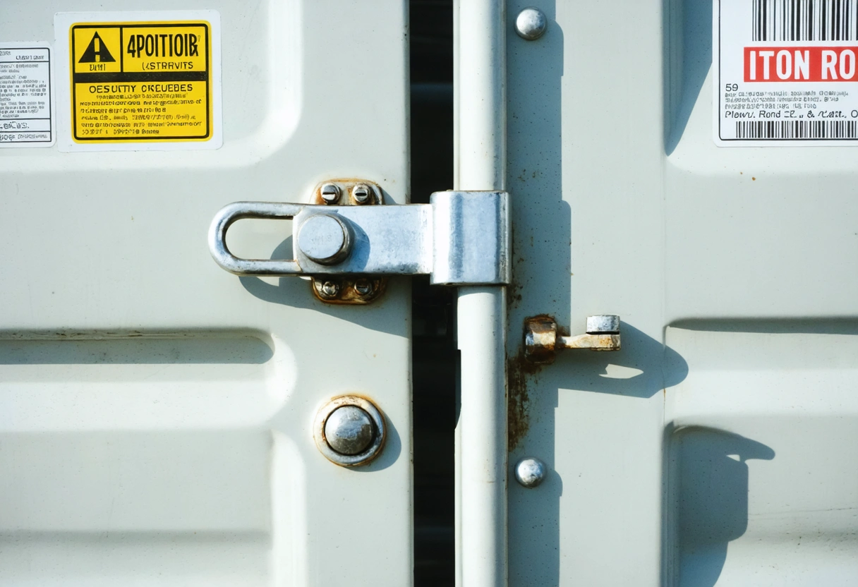 Close-up of shiny disc lock on storage container door