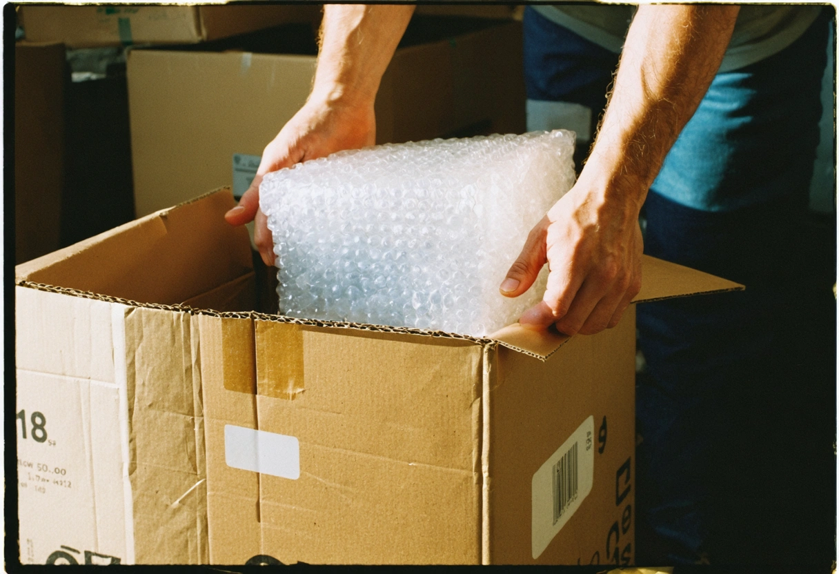 Hands packing boxes with bubble wrap and labels, organized and tidy.