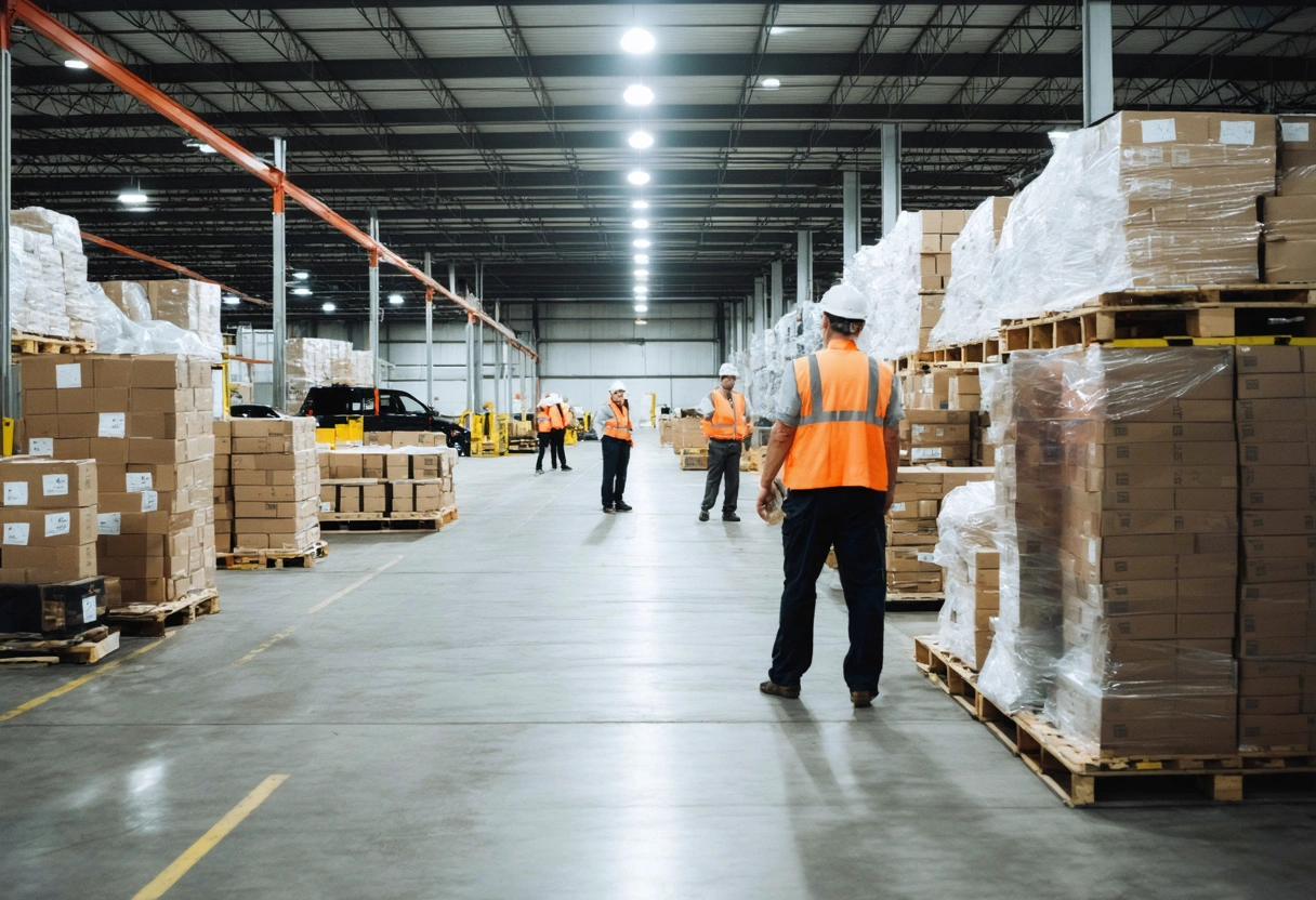 Employees training in storage facility, bright lighting, security protocols emphasized.