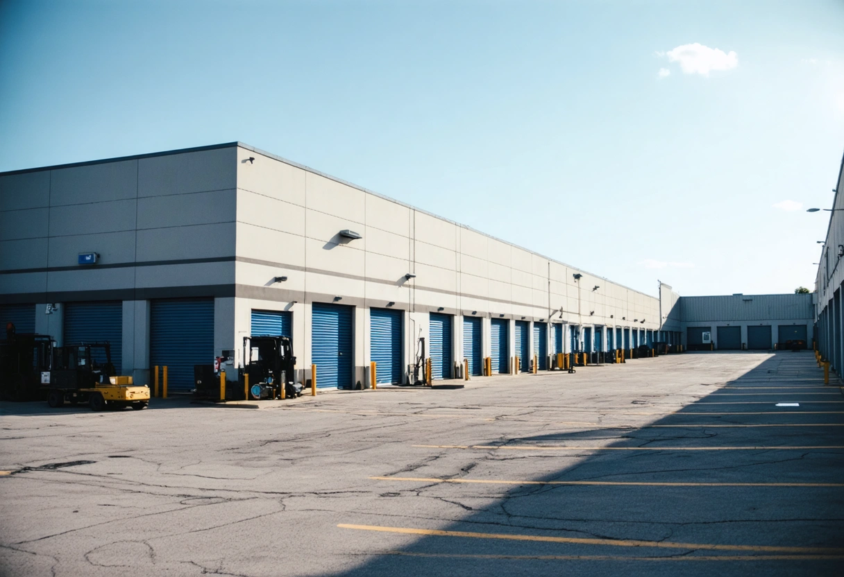 Exterior of storage facility at pharmaceutical company, sunny day, compliance focus.