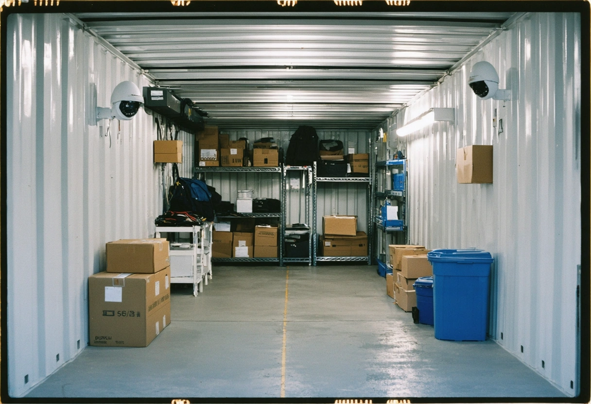 Interior of secure storage with cameras and organized inventory, bright lighting.