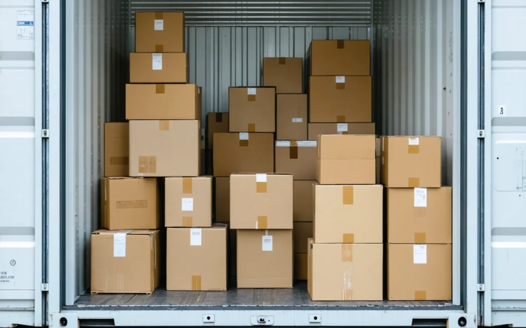 Neatly stacked storage container interior with heavy boxes at the bottom, lighter on top.