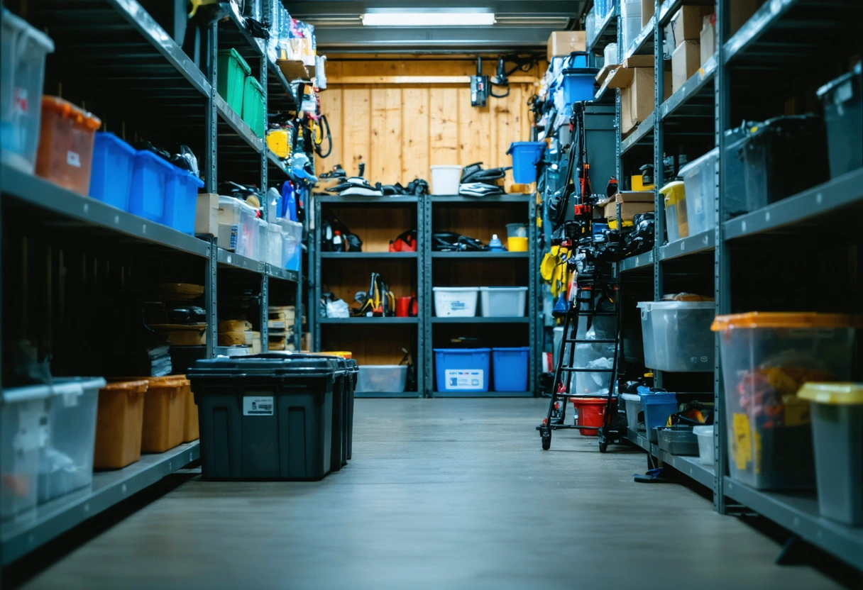 Neatly stacked items in storage with shelves, focusing on accessibility.