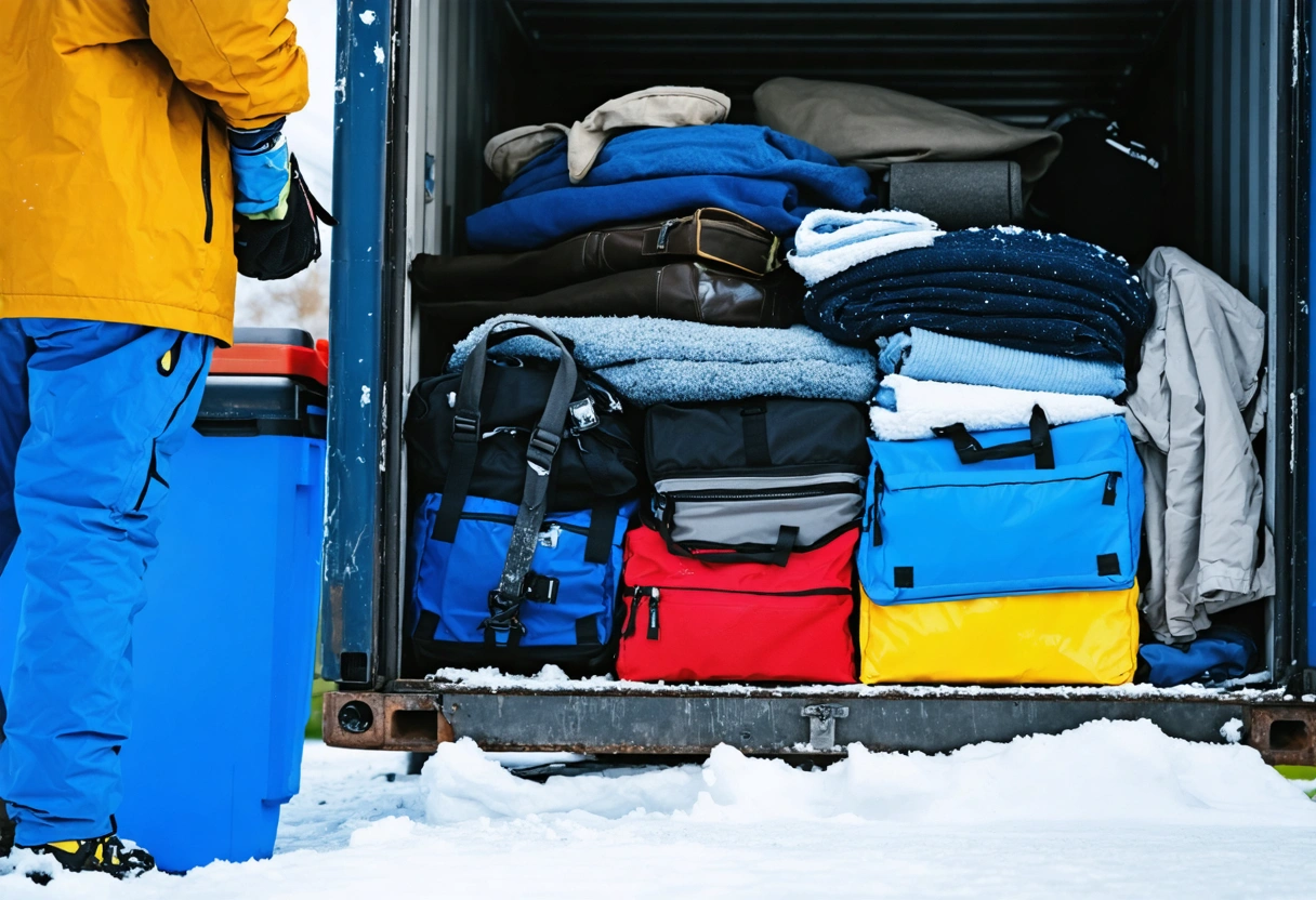 Storage container with organized seasonal items, winter gear accessible.