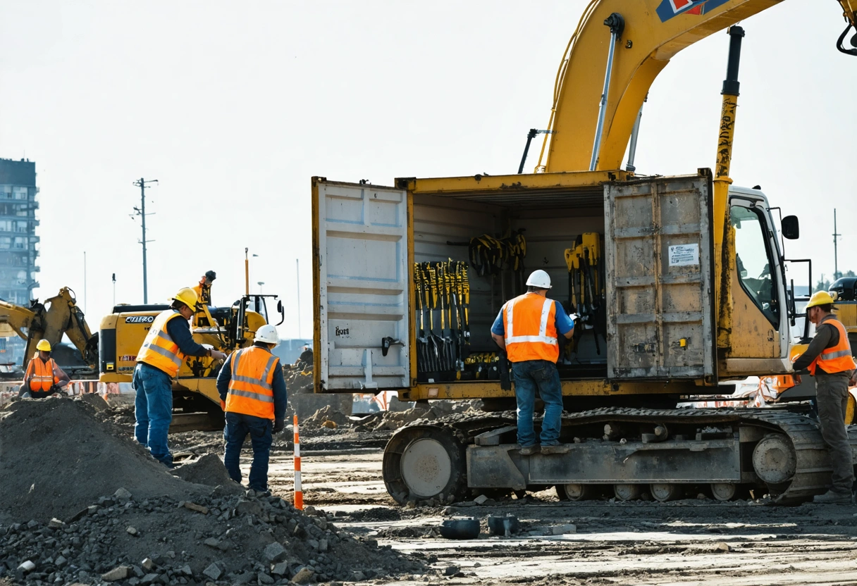 A busy construction site with workers efficiently using tools from an on-site storage container. Daylight,