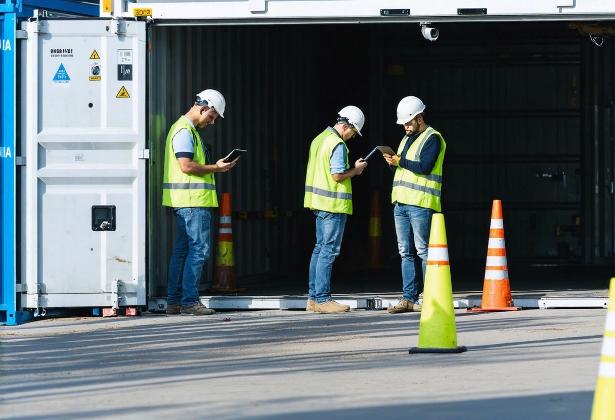 A construction site with a high-tech on-site storage container. Smart locks and surveillance cameras visible.