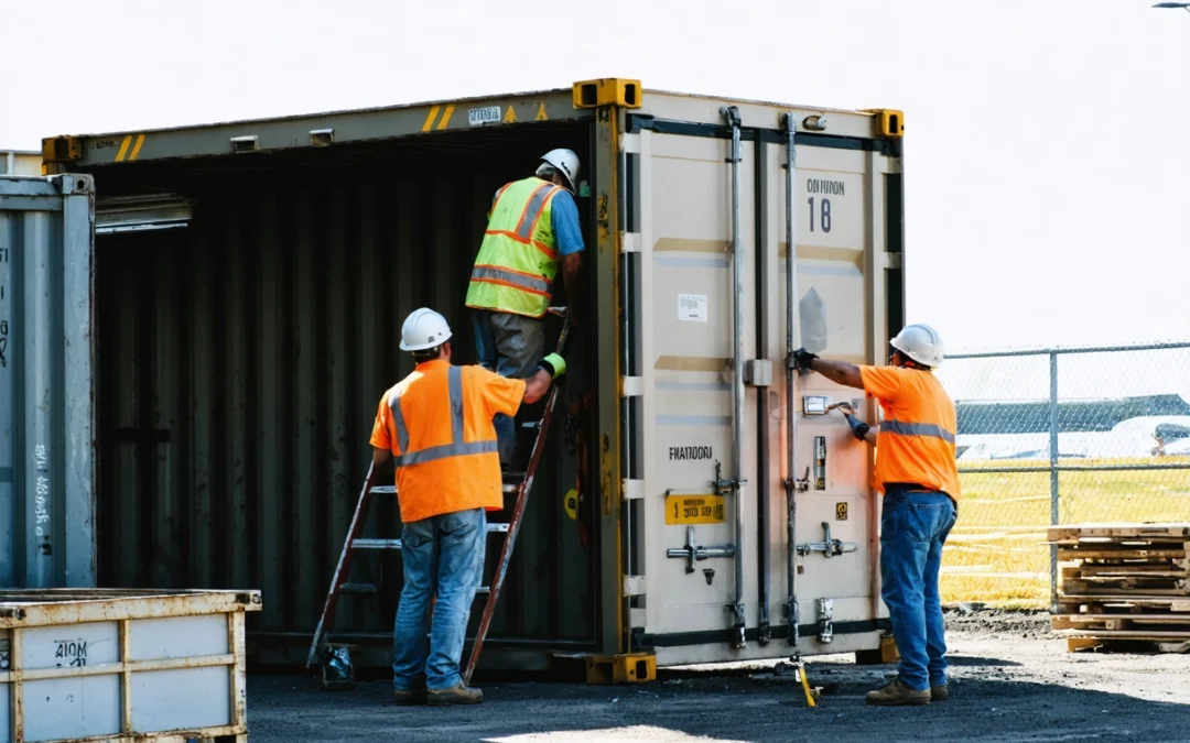 Construction site with workers accessing tools from an organized on-site storage container.